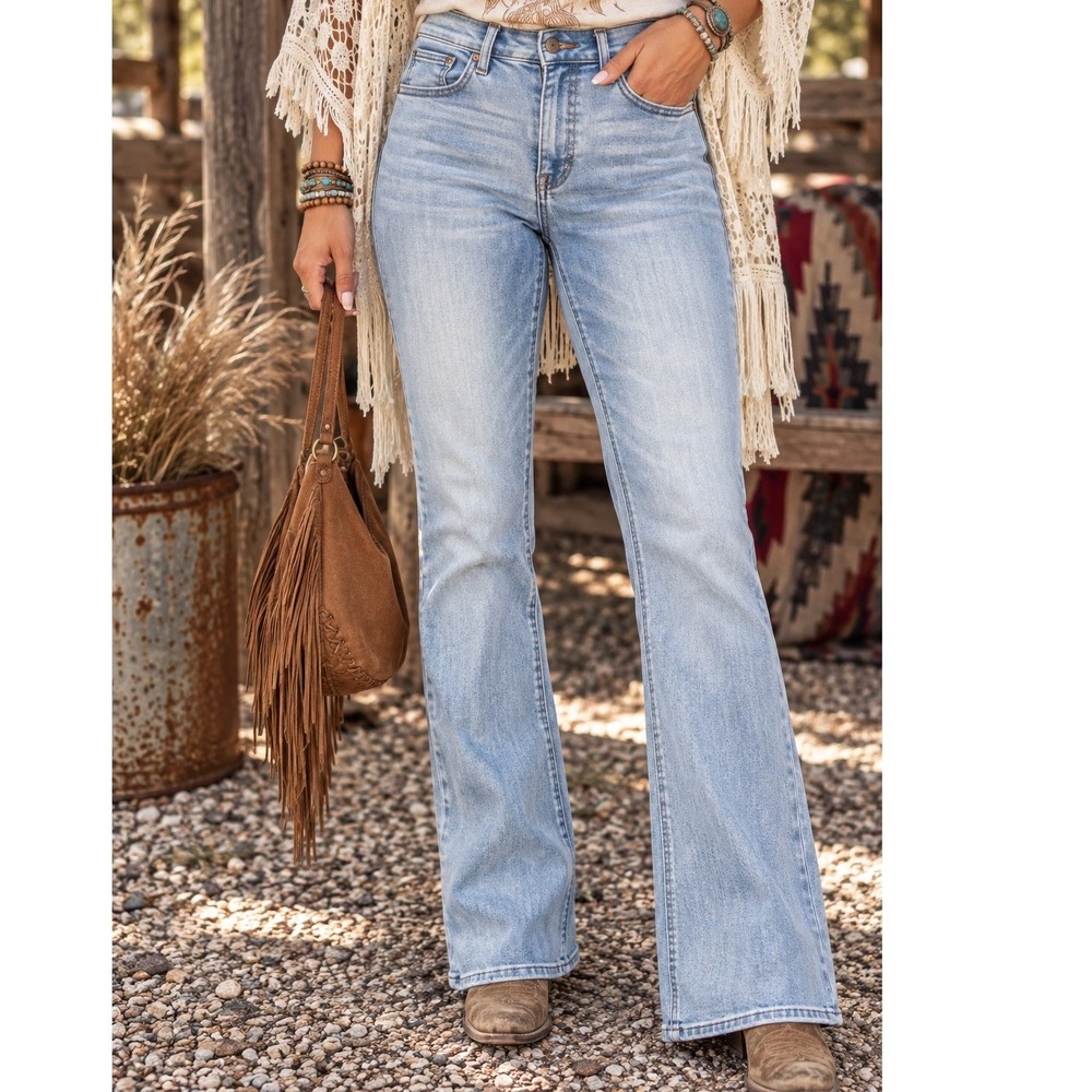 Express Womens High Rise Bootcut Jeans Light Wash Blue Size 4R Western Chic